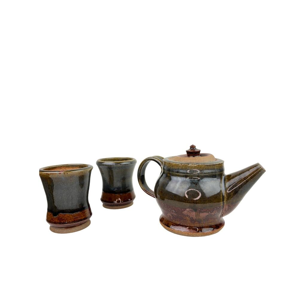 Brown Green Ceramic Hand Thrown Pottery Decorative Cup & Teapot Tea Set 3-Piece